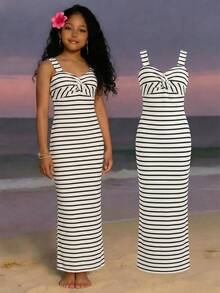 Casual Striped Sleeveless Midi Dress For Teen GirlSummer Outfit - Black and White - View 1