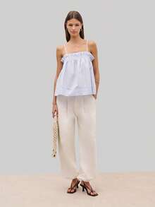 Nöista Áo hai dây kẻ sọc với dây đeo vai mảnh và cổ áo xếp ly mềm mại. Phần thân áo nhún bèo tạo độ co giãn và tôn dáng. Thích hợp cho mùa xuân hè, lễ hội âm nhạc, trang phục thường ngày, hoặc mặc hàng ngày. - Màu xanh lam - Xem 5