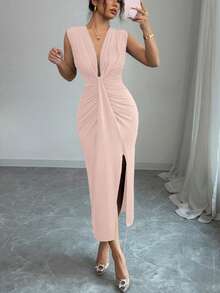 Rafferiza Elegant Sleeveless Deep V-Neck Draped Hem Slit Spring/Summer Dress For Women - Pink - View 4