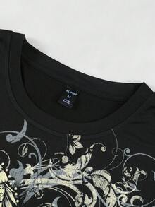 ROMWE MEN Goth Áo thun nam tay ngắn cổ tròn in hình cánh, kiểu dáng thường ngày, đa năng. - màu đen - Xem 3