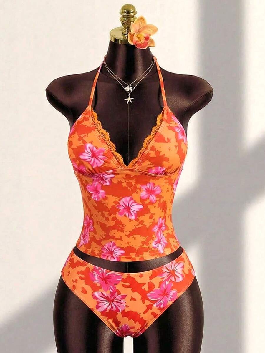 SHEIN 少女夏季度假休闲沙滩装热带花卉印花比基尼蕾丝边两件套泳衣 - 橘色 - 查看 1