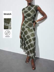 Maija 大码格纹印花圆领插肩袖女士修身不对称设计休闲中长连衣裙，都市时尚，秋季百搭单品，收腰设计，不对称办公室着装，休闲都市时尚通勤装，优雅下午茶派对礼服 - 彩色 - 查看 10