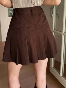 DAZY Chân váy ngắn xếp ly eo thường dành cho nữ, chân váy chữ A bằng denim trẻ trung và năng động cho mùa hè - màu nâu - Xem 6