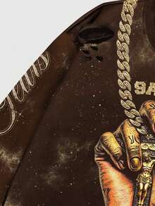 ROMWE MEN Street Life Spring Casual Graphic Vintage Street Style Distressed Saint Graphic Long Sleeve Crew Neck Men'S T-Shirt - Coffee Brown - View 6