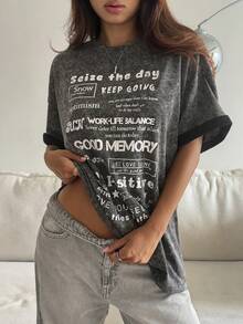 DAZY Women's Round Neck Short Sleeve Distressed Fabric Printed Loose Pullover Casual T-Shirt Y2k Graphic Tees Women Oversized - Black - View 4