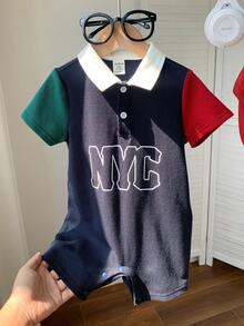 SHEIN Unisex Newborn Baby Boy/Girl Casual Cute Contrast Color Patchwork Short Sleeve Lapel Romper,Boy Outfit Sets,Spring/Summer Clothes - Navy Blue - View 5
