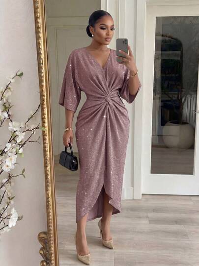 SHEIN Lady CURVE 大码女式V领蝙蝠袖扭腰亮面优雅连衣裙