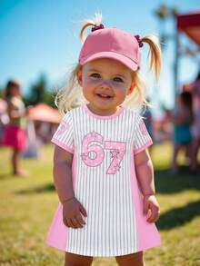 SHEIN Summer Cute Baby Girl Sports Dress,Pink And White Striped Chic Numeric 67 Star Pattern T-Shirt Dress,Daily Casual Carrer Day Outfit For Girls - Pink - View 11