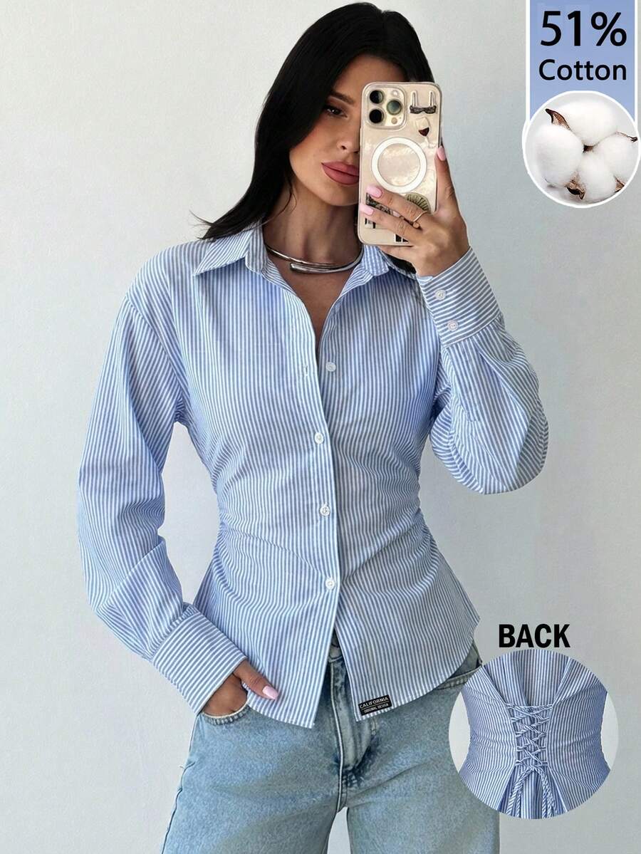 Firerie 女士100%纯棉蓝白条纹长袖系带衬衫 - 休闲通勤度假上衣，收腰优雅波西米亚风上衣，适合春、夏、秋、冬四季穿着，亦可作为工作服。 - 彩色 - 查看 1