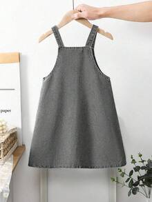 SHEIN 女童夏季牛仔裤，水洗浅蓝色牛仔布，百搭可爱花卉刺绣设计吊带裙 - 灰色 - 查看 3