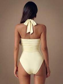 SHEIN BAE 秋季女士性感金属装饰褶皱连体衣，酒红色连体衣，性感连体衣，时尚单品 - 黃色 - 查看 2