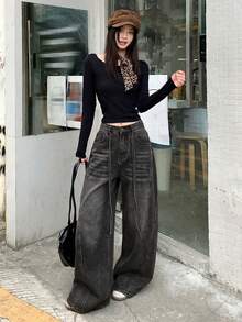 DAZY Quần jeans nữ denim buộc dây, kiểu dáng thường ngày, màu bạc, thích hợp cho phong cách đường phố mùa thu/đông. - Màu Xám nhạt - Xem 4