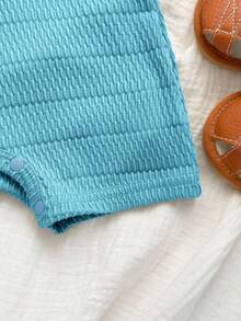 新生儿男/女宝宝绿色纹理柔软舒适提花面料撞色针织柔软polo领短袖半拉链连体短裤，适合度假、居家和外出穿着。 - 霧霾藍 - 查看 5