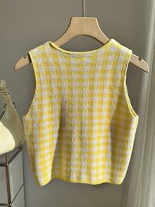 Comfortcana Women's Pale Yellow Plaid Bow Accent Knit Top - Pale Yellow - View 2