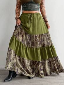 Whyspr Chân váy dáng chữ A bất đối xứng, chất liệu dệt và chiffon in họa tiết, kiểu dáng thanh lịch, cỡ lớn, thích hợp cho kỳ nghỉ hè/thu, kiểu dáng cao bồi miền Tây. - xanh quân đội - Xem 6