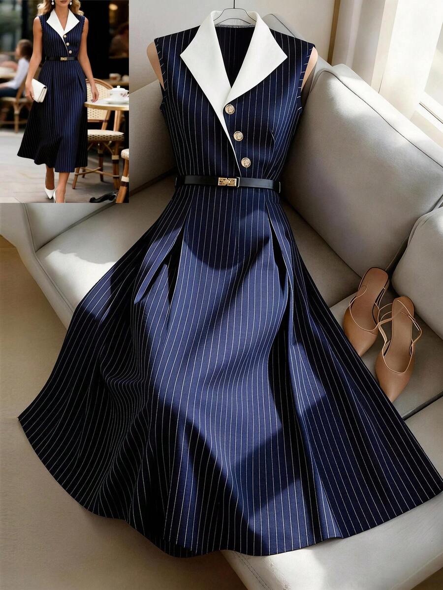 GlowEve Women's Navy Blue Striped Contrast Collar Waist A-Line Dress, Charming Elegant Daily Commute Vacation Fashion Date French Street Retro Versatile Spring Summer Navy Blue New Long Sleeveless Shirt Dress - Multicolor - View 1