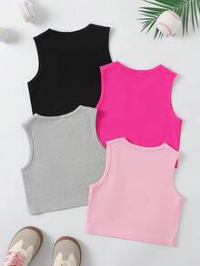 SHEIN Elladie kids Áo camisole cổ tròn màu trơn dành cho bé gái tuổi teen, chất liệu gân, kiểu dáng thường ngày. - Nhiều màu - Xem 2