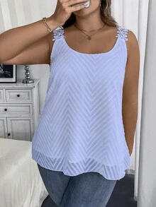 Vionelle 大码女式纹理宽松时尚吊带背心，女士休闲新款上衣，夏季新款女式上衣，夏季可爱女式衬衫，休闲优雅夏季上衣，女士休闲上衣 - 淺藍色 - 查看 1