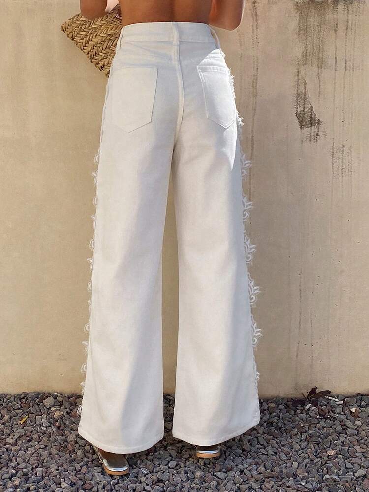 DAZY Women's Casual Lace Trim Solid Color Wide Leg Jeans - White - View 3