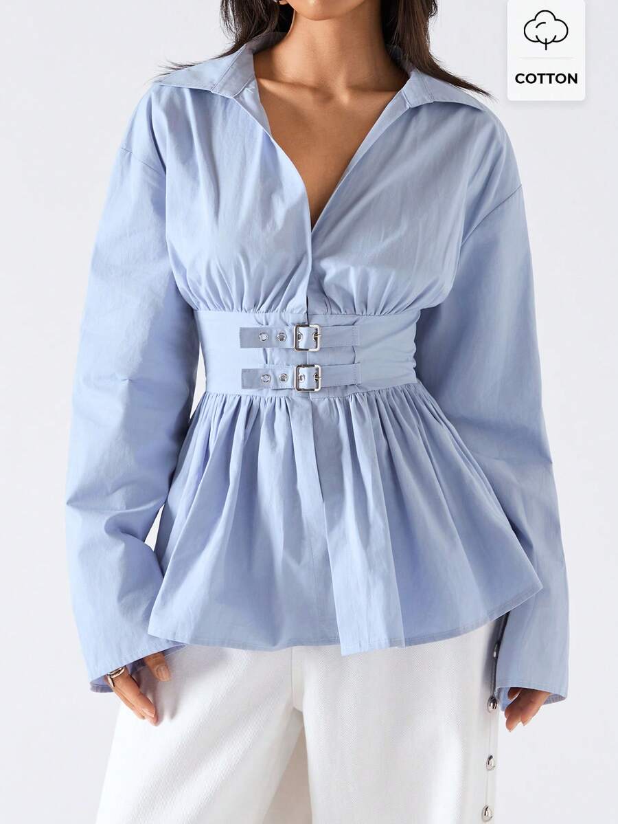 LYSMO 2026 New Arrive Minimalism Spring/Summer Women's Solid Color Drop Shoulder Long Sleeve Casual Shirt With Waist Buckle Design - Blue - View 1