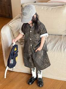 Hapijoa 夏季女童豹纹短袖单排扣牛仔衬衫和牛仔短裤套装 - 棕色 - 查看 2