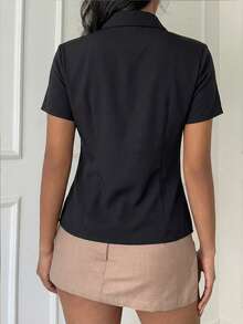 Aloruh 女士休闲纽扣短袖中国风衬衫 - 彩色 - 查看 2