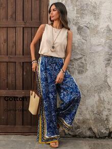 EMERY ROSE Women's Beige Summer Boho Vacation Holiday Cotton 2 Pieces Set,Contrast Trim Camisole And Floral Print Wide Leg Palazzo Pants,Casual Beach Outfits - Multicolor - View 8