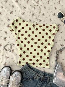 Attitoon Damen enge asymmetrische gerafftes Polka Dot Kontrast Farbdruck Crop Top, geeignet für Ausflüge, Street-Style, Flughafen, Strandurlaub, Hochzeitsfeier, Musikfestival, Feiertage, Chic - Verschiedenfarbig - Übersicht 6