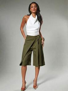 Hauture Quần Bermuda nữ dáng suông, màu trơn, kiểu dáng ôm sát, có chi tiết thắt dây, gợi cảm và thoải mái. - xanh quân đội - Xem 3