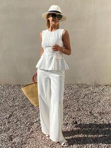 DAZY Bộ đồ thể thao mùa hè dành cho nữ, chất liệu cotton, thanh lịch, gồm áo kiểu cổ tròn không tay màu trắng và quần jeans trơn. - trắng - Xem 4