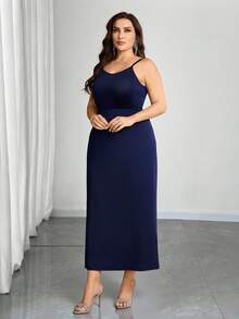 Modelyn Plus Size Elegant Party Solid Color Ruffle Trim Camisole & Dress 2-Piece Set - Navy Blue - View 8