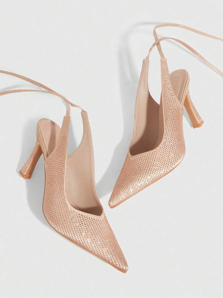 CUCCOO SZL Women's Elegant Tie-Up Rhinestone Decor Pointed Toe Pumps, Summer