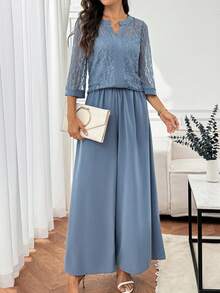 Miaspire 2pcs Women Lace V-Neck 3/4 Sleeve Top And Wide Leg Pants Set,Office Outfits For Women,Work Outfits For Women,Graduation Outfit For Mother Wedding Guest Dress Women Summer Elegant,Summer Outfits For Women - Blue - View 8