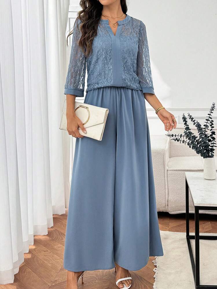 2pcs Women Lace V-Neck 3/4 Sleeve Top And Wide Leg Pants Set,Office Outfits For Women,Work Outfits For Women,Graduation Outfit For Mother Wedding Guest Dress Women Summer Elegant,Summer Outfits For Women