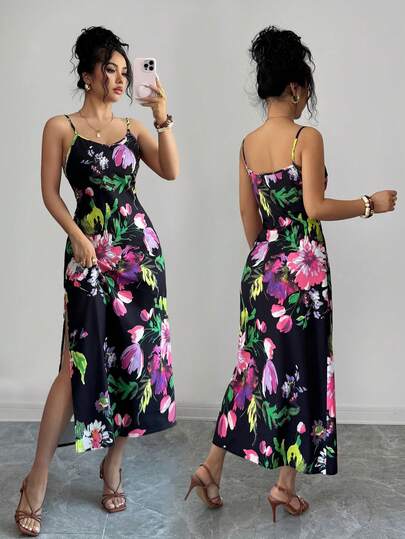 INAWLY Đầm midi không tay xẻ tà in hoa dành cho nữ, thích hợp cho kỳ nghỉ.