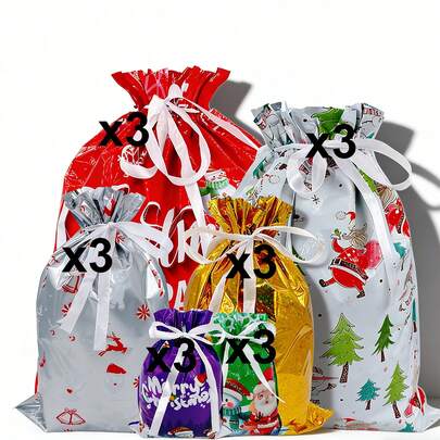18pcs Large Christmas Sacks Reusable Foil Drawstring Gift Bags, Big Shiny Festive Wrapping Bags For Holiday Presents, Medium Size Gift Packaging Bags, Lightweight Durable Party Favor Bags, Ideal For Christmas Gifts, Holiday Shoppers, Gift Wrapping & Party Decorations