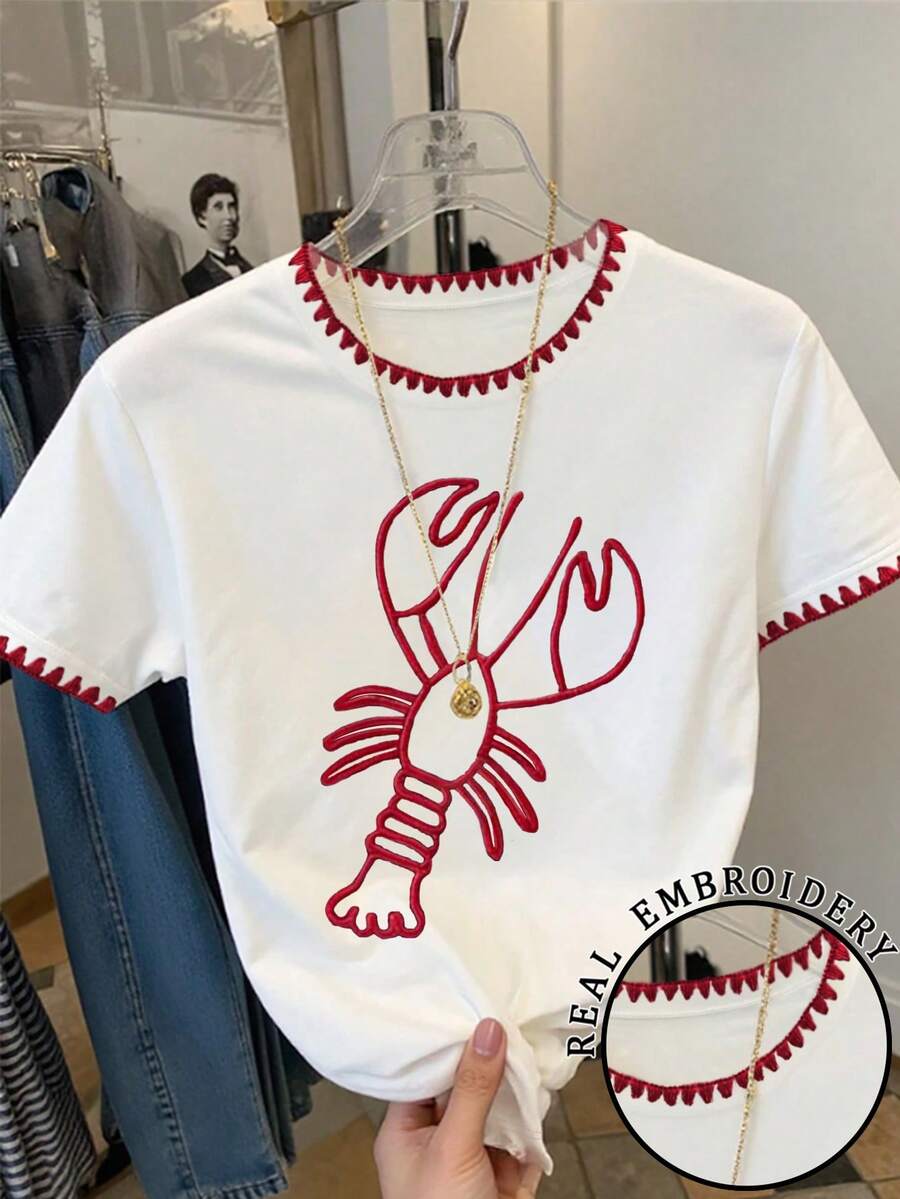 Resyla Women's Casual Contrast Trim Lobster Print T-Shirt, Summer - White - View 1