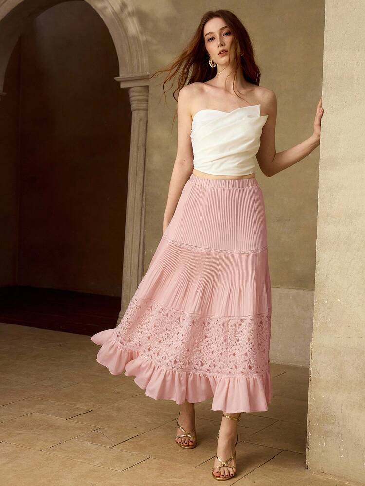 WOMEN'S SPRING/SUMMER A-LINE SKIRT WITH LACE PATCHWORK, TENCEL & WOOL BLEND