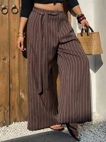 Dazy Plus Plus Size Women Loose Striped Casual Pants With Waist Tie, Suitable For Commuting, All Seasons - Brown - View 7