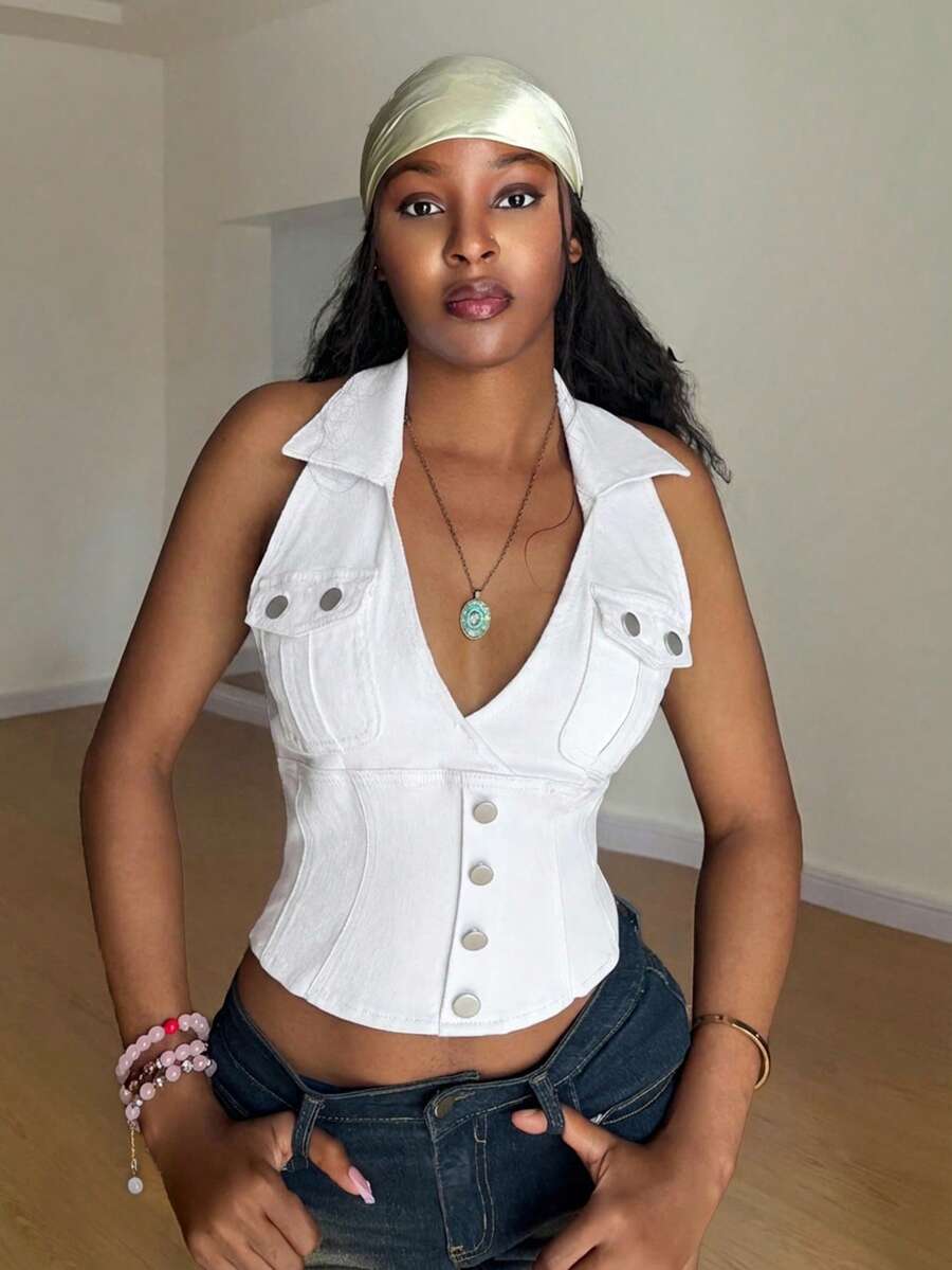 Jeanoix 夏季女士性感露背吊带牛仔上衣 - 白色 - 查看 1