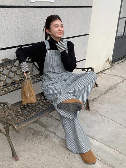 Dazy Plus ファッショナブルなストライプ柄ルーズカジュアルビブパンツ ポケット付き、プラスサイズ女性用デニムジャンプスーツ