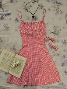 INAWLY Women's Plaid Minimalist Casual Slip Dress - Red - View 2