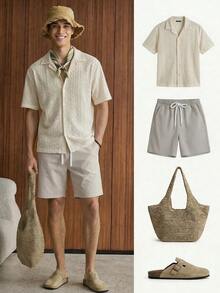 SWAVVY Men's Single-Breasted Casual/Business Short Sleeve Shirt, Spring/Summer - Apricot - View 1