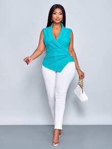 SOLERSUN Plus-Size Light Teal Elegant Women Draped Collar Sleeveless Camisole,Summer Office Smart Casual Slim-Fit V-Neck Top,Business Commute Textured Fabric - Teal Blue - View 4