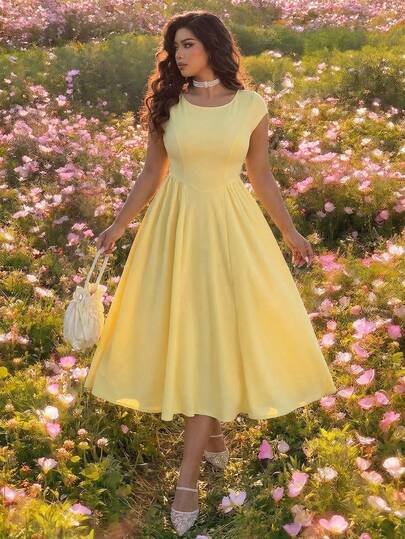 Lyrianda 休闲优雅简约法式圆领短袖A字中长连衣裙，大码，春夏款