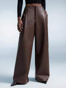 SHEIN PETITE CURVE CURVE Plus Size Women's Petite Brown PU Leather Wide Leg Pants, High-Waisted Straight Leg Elegant Office Bussines Formal Pants, Autumn Smart Casual - Brown - View 5