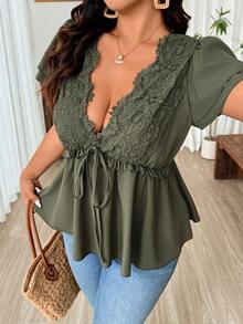 Weeklong Fashionable Spring & Summer Casual French Retro Vacation Elegant Ruffled Tie-Bow V-Neck Lace Trim Blouse - Army Green - View 5