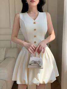 Feyla Women's Solid Color Metal Button V-Neck Sleeveless Mini Dress - Apricot - View 3