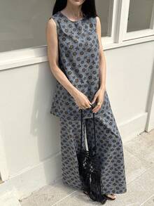 DAZY Bộ đồ denim thường ngày dành cho nữ, gồm áo tank top không tay cổ tròn in họa tiết toàn thân và quần dài. - Rửa trung bình - Xem 4