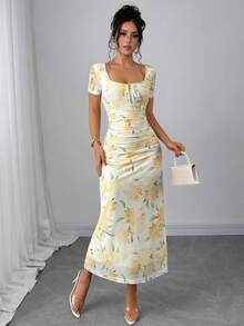 Lyxana Women's Elegant Yellow Floral Print Square Neck Design Front & Middle Bowknot Waist Fitted Midi Dress, Spring/Summer - Yellow - View 7